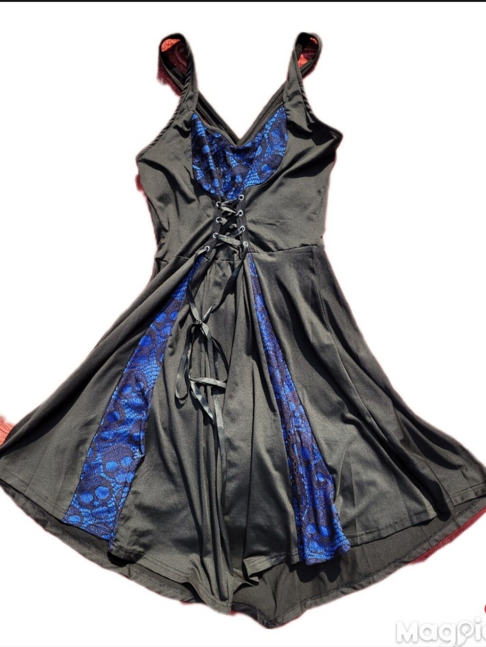 Black Vintage Dress Gothic Blue Floral Lace Sz 14 Cinch Bodice A Line Cocktail